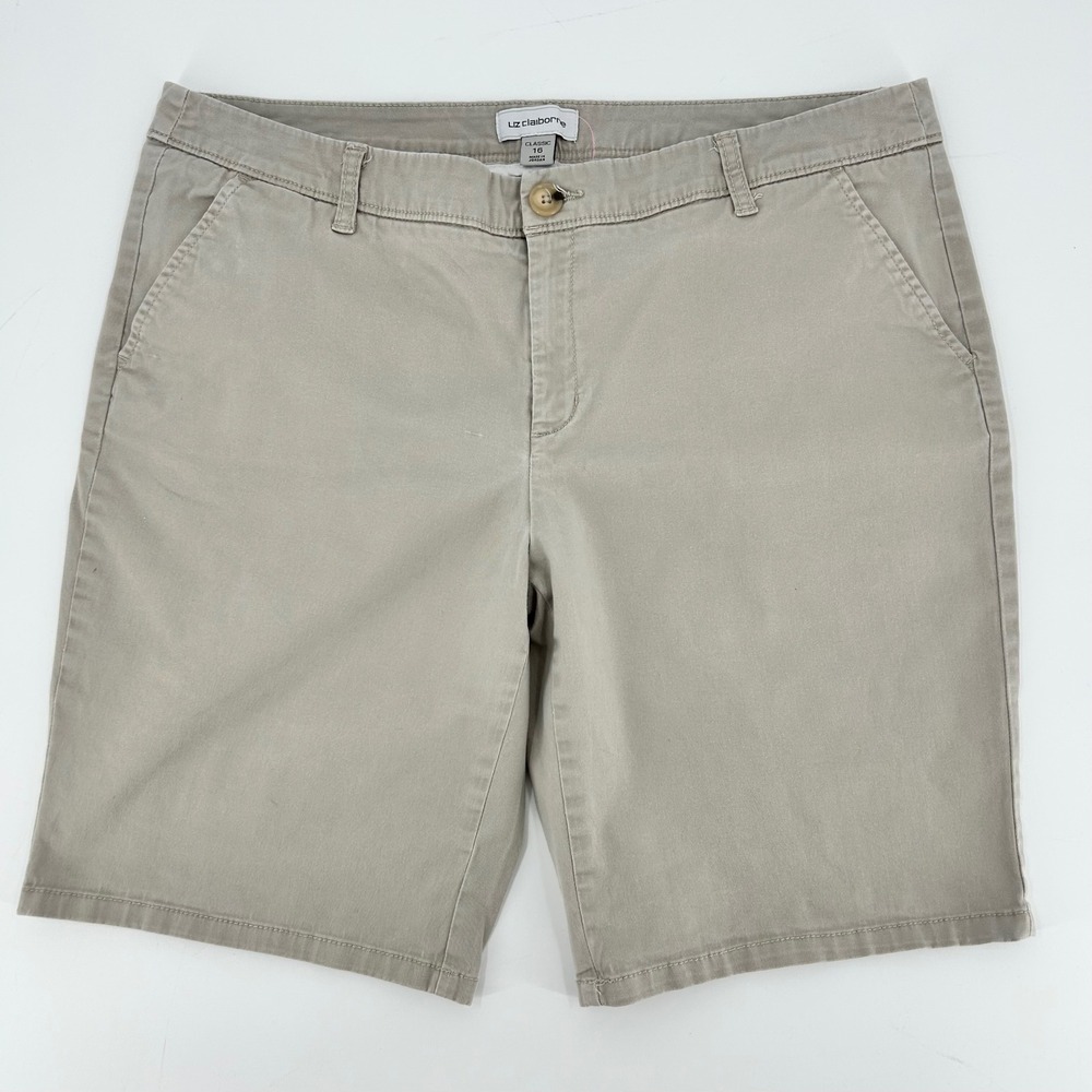 Liz Claiborne Classic Khaki Shorts Womens 16 Tan Stretch Cotton Chino 85-10-074B